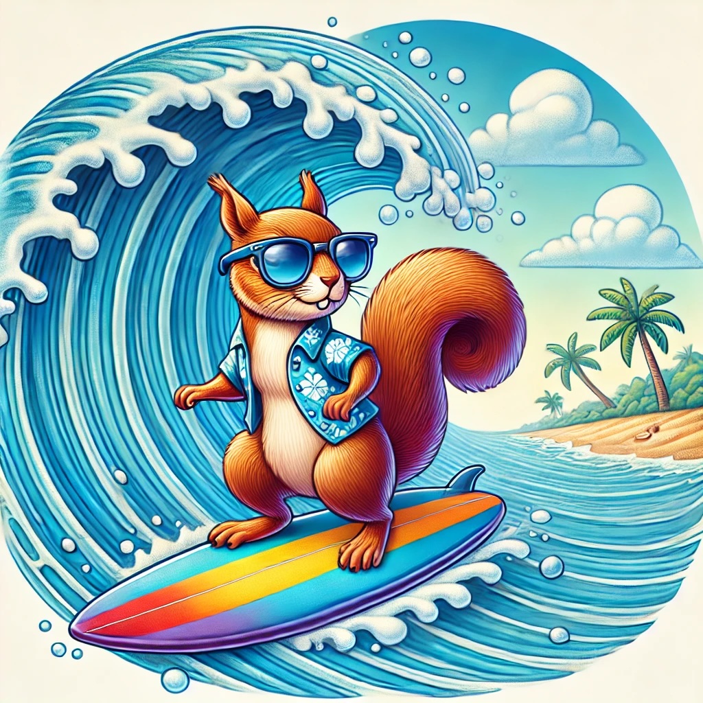 A squirrel surfs
